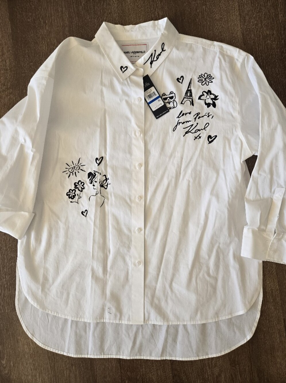 Karl Lagerfeld White Button-Up Shirt with Black Sketch Details